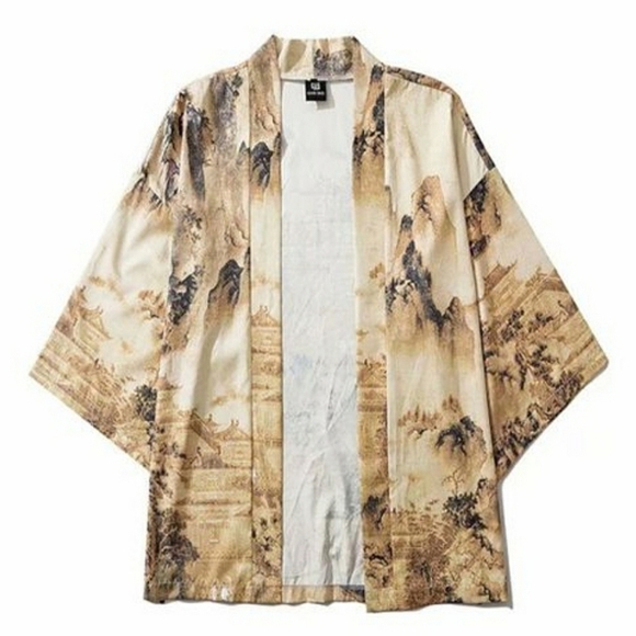 Japanese Tan Five Point Sleeved Kimono Jacket Size M - Picture 1 of 9
